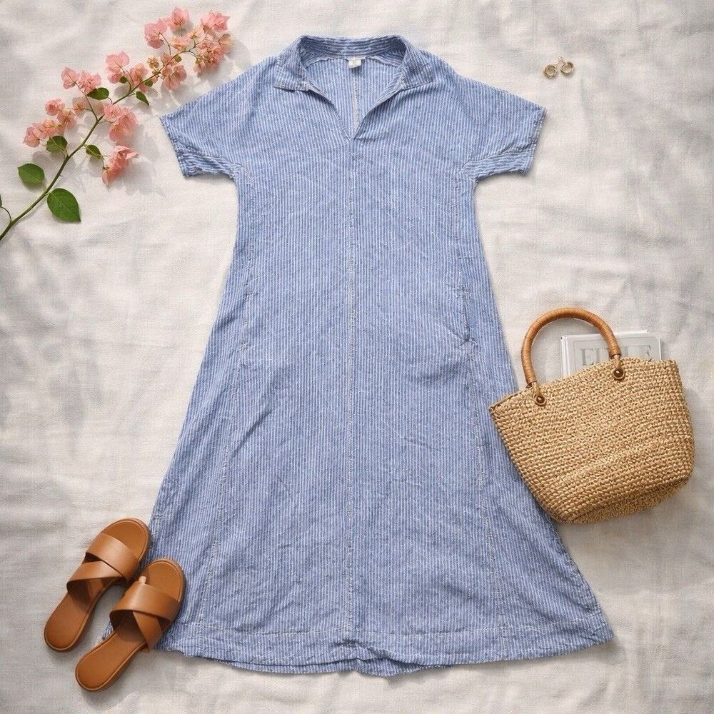 Lucky Brand Blue White Striped Linen Maxi Shirt Dress Oversized Coastal